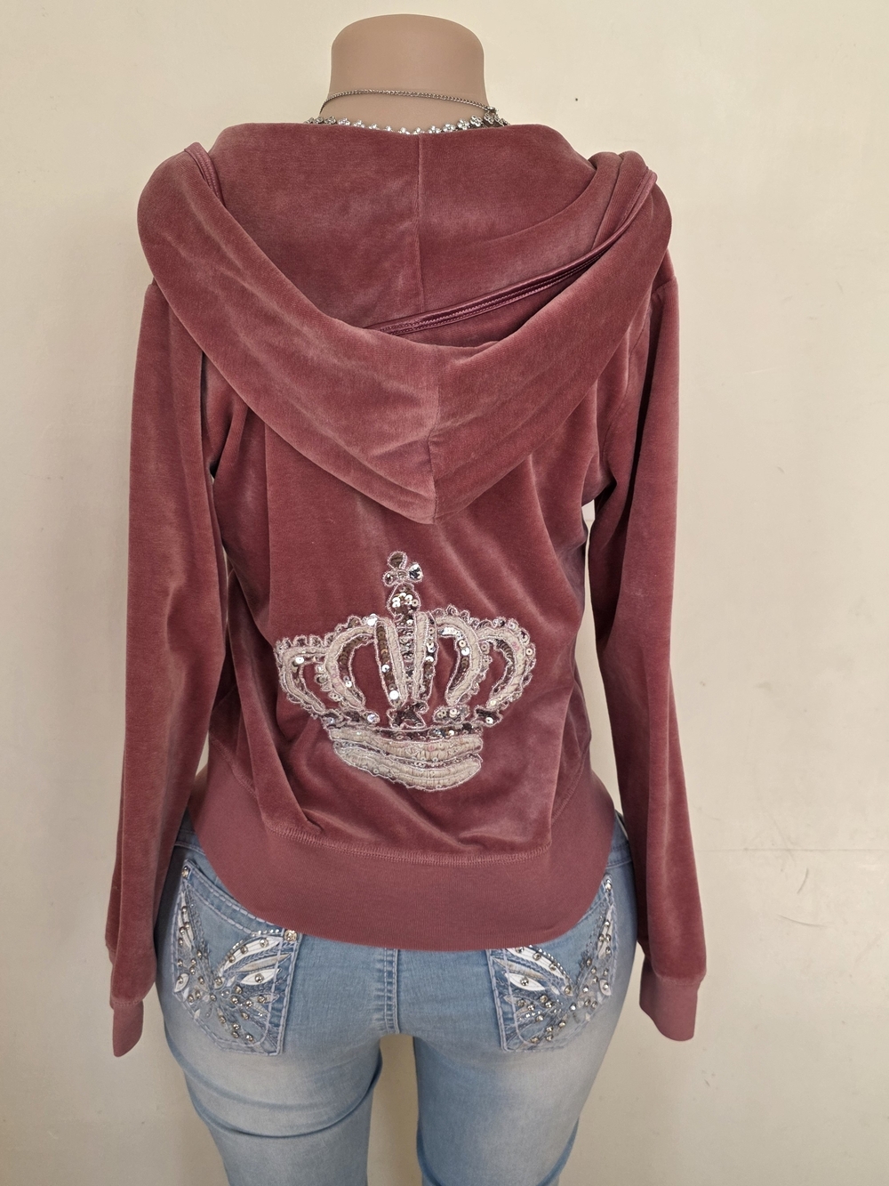 BCBGMaxAzria Rose Dusty Pink Velour Hoodie with Embellished Crown